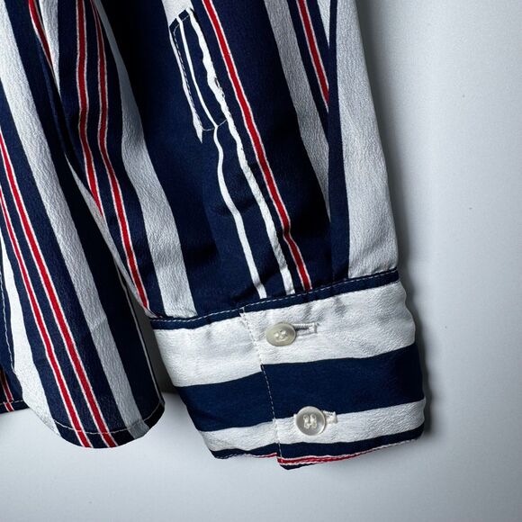Vintage Evan Picone Neck Bow Blouse Womens 14 Striped Blue Red White Union Made - Picture 9 of 14